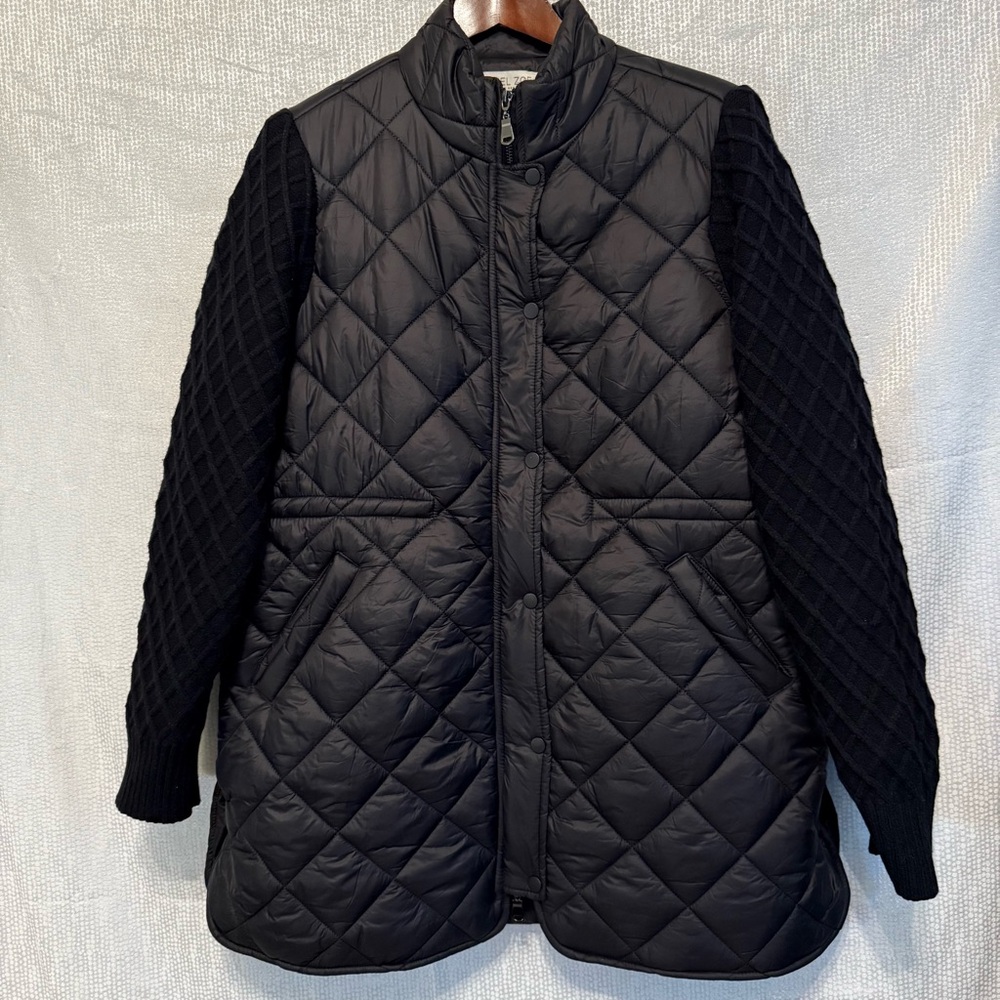 Rachel Zoe Womens Black Quilted w Cable Knit Sleeves Zip Jacket Coat Sz Large